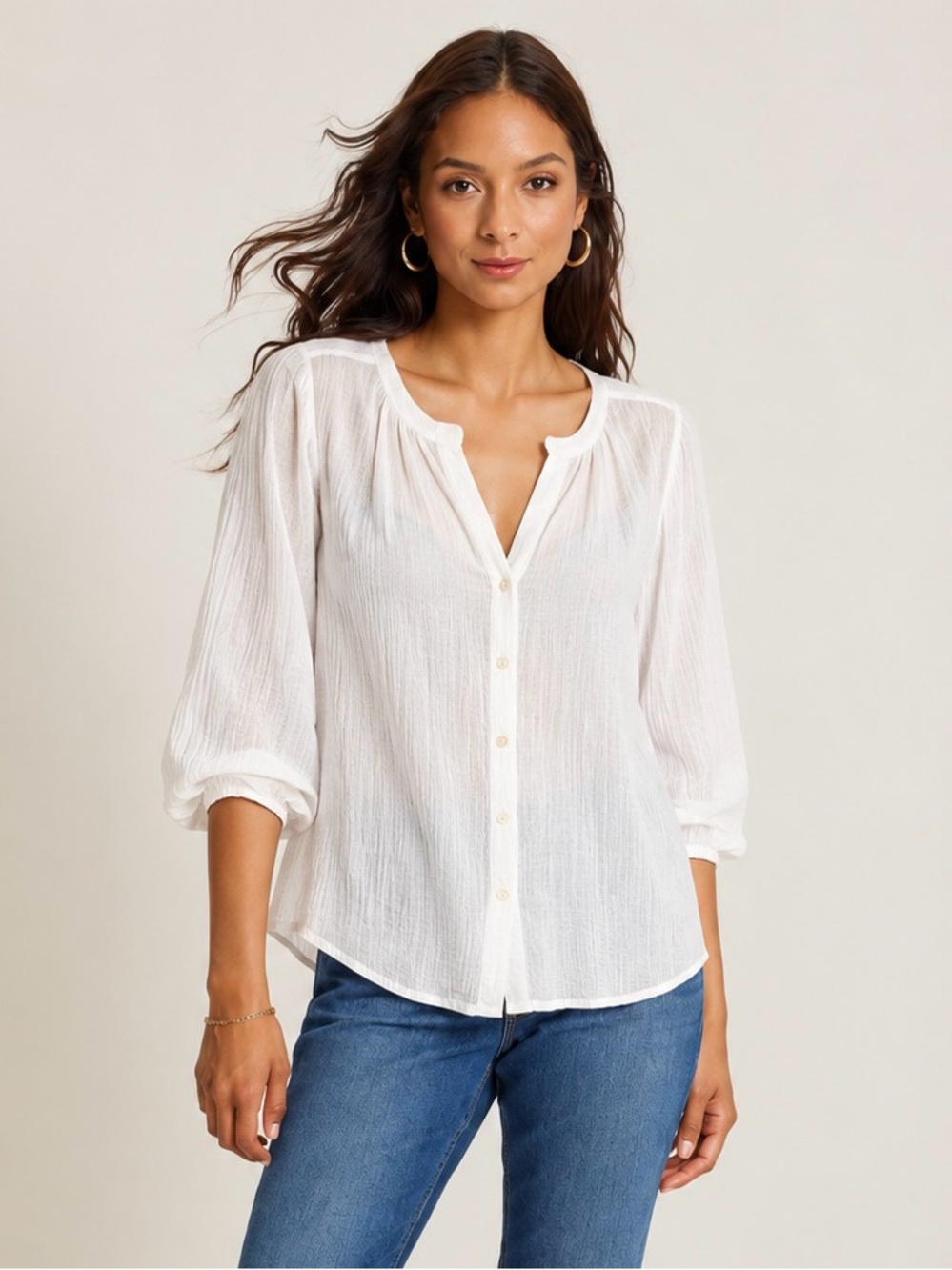 Tommy Bahama White Notched V neck Gauze Button Front Blouse S Coastal Vacation
